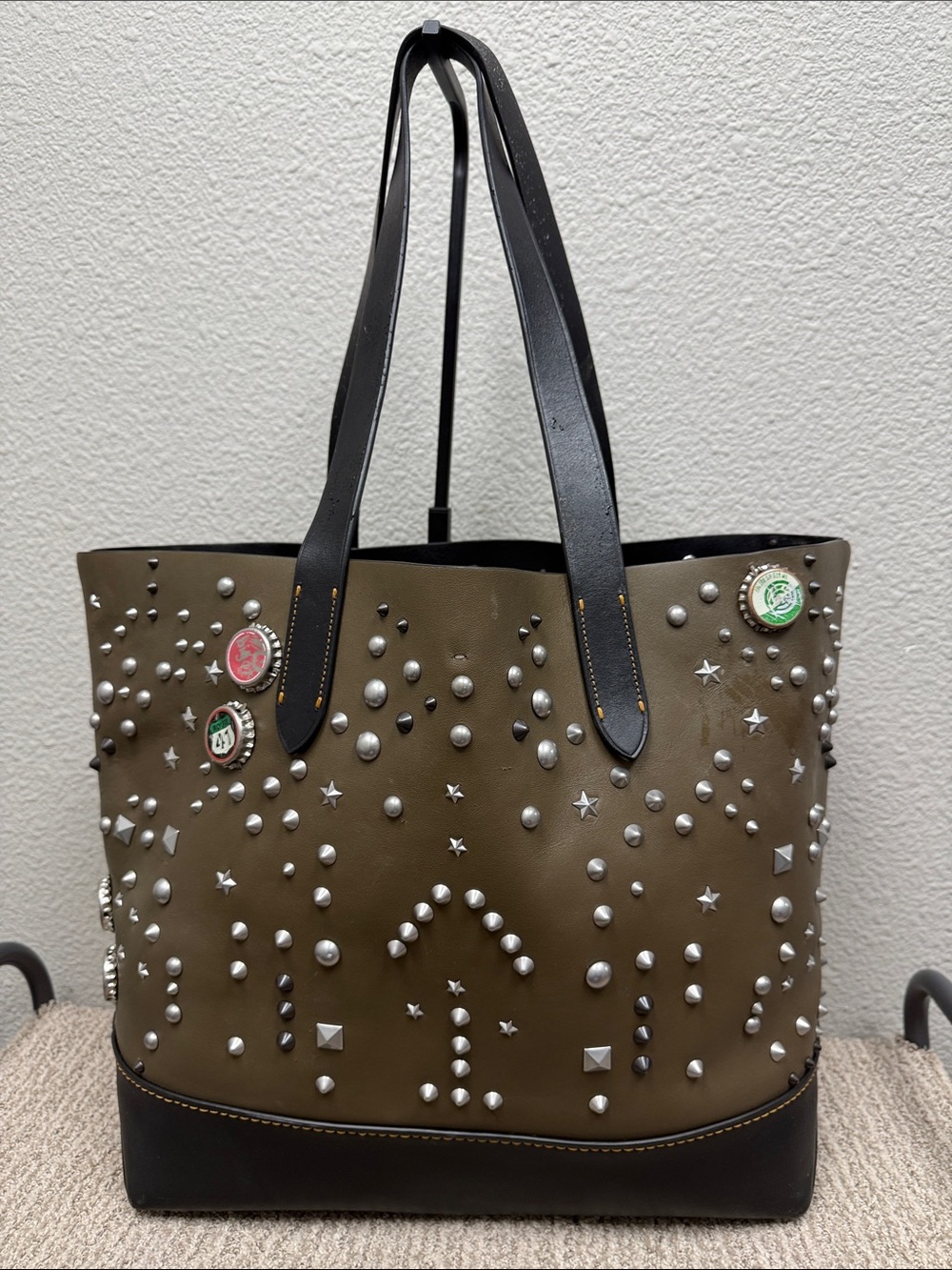 Coach Gotham Olive Green Studded Bottle Cap Tote with Black Handles-READ